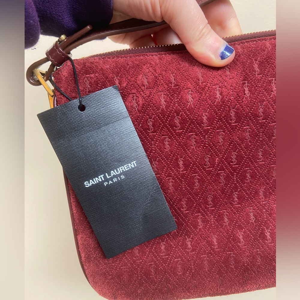 SAINT LAURENT Suede All-Over Monogram Crossbody Burgundy - Picture 7 of 11